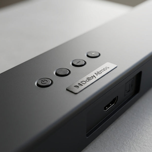 A macro view of the Sharp HT-SBW53121 soundbar, featuring detailed power, volume, and input buttons, along with visible HDMI and optical ports.
