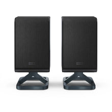 Sharp HT-SPR52021-BK 2.0.2 channel wireless rear surround speakers in black, front view on integrated stands.