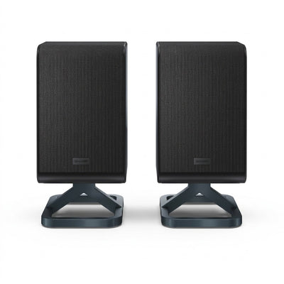 Sharp HT-SPR52021-BK 2.0.2 channel wireless rear surround speakers in black, front view on integrated stands.