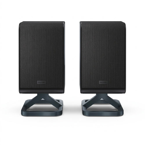 Sharp HT-SPR52021-BK channel wireless rear surround speakers in black, front view on integrated stands.