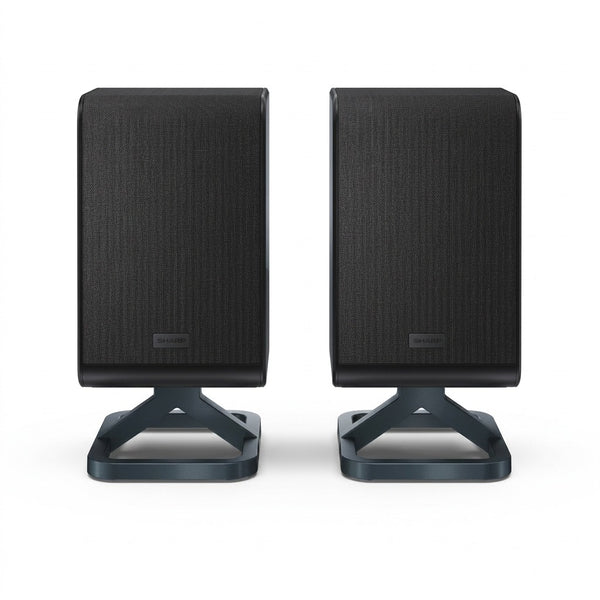 Sharp HT-SPR52021-BK 2.0.2 channel wireless rear surround speakers in black, front view on integrated stands.